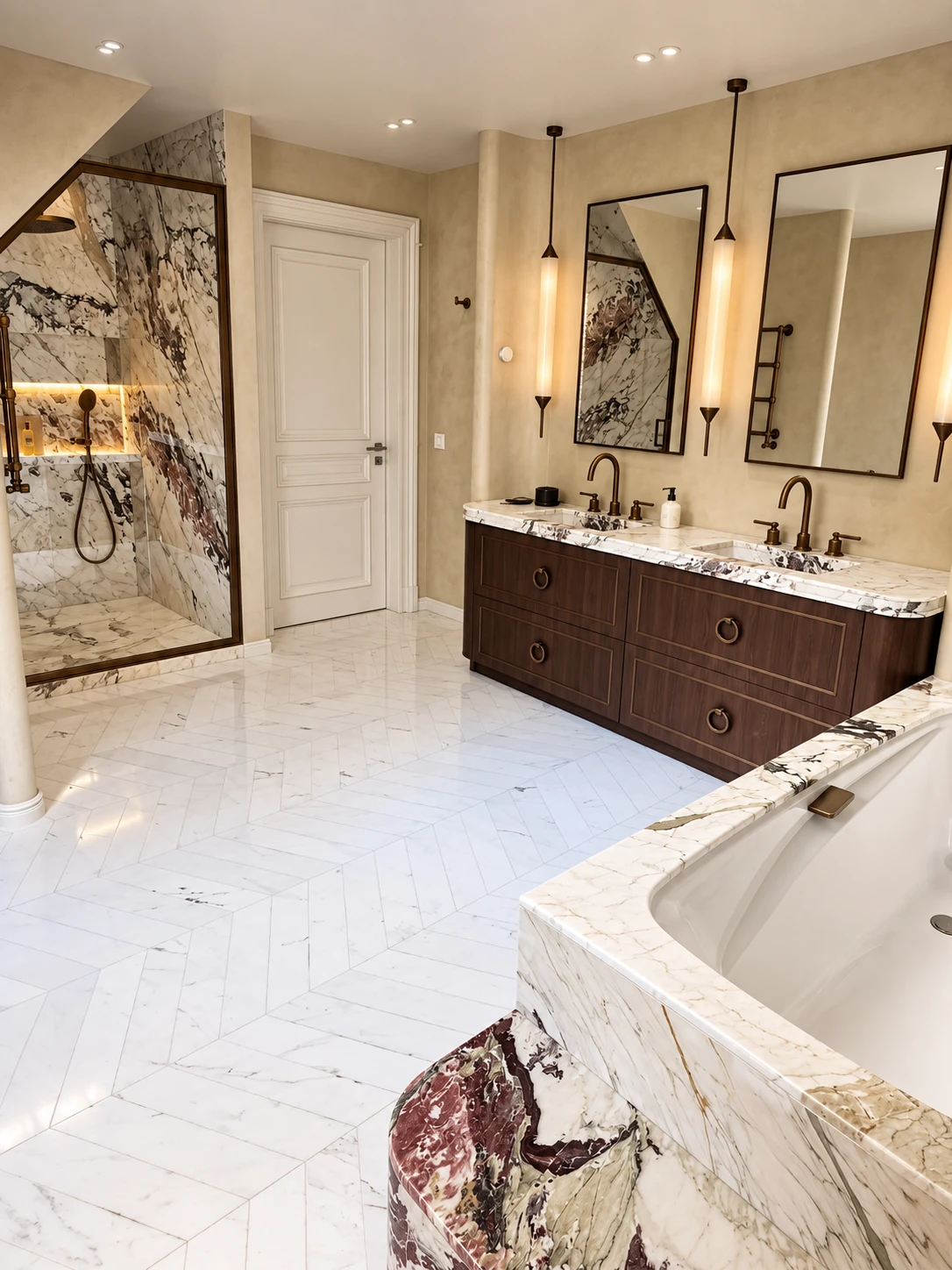 Grande salle de bain avec baignoire en marbre, douche et double vasque